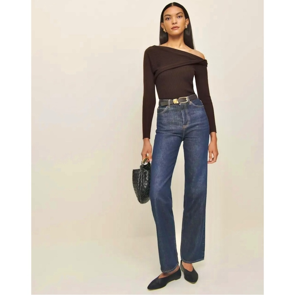 Reformation Lilou Brown Regenerative Merino Wool Off Shoulder Rib Knit Sweater - Picture 11 of 12